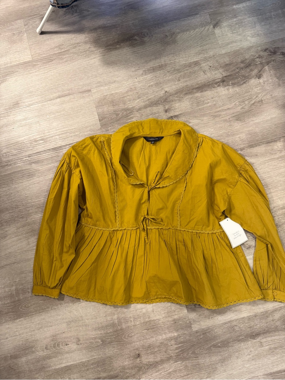 Women's Mustard Peasant Blouse with Tie Neck